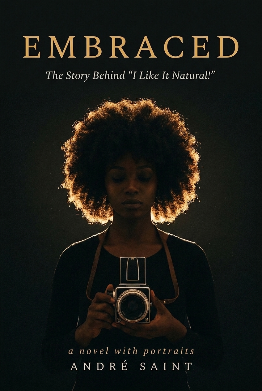 Embraced book cover — a photographer backlit by golden light, holding a medium-format camera