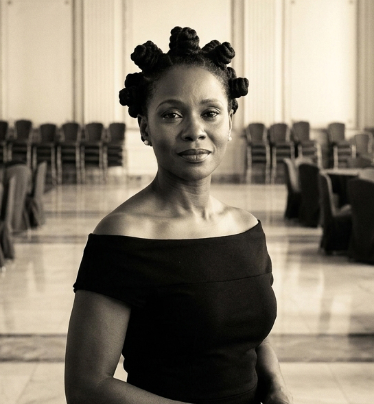 Sepia-toned portrait of Delphine Baptiste standing in an empty golden ballroom